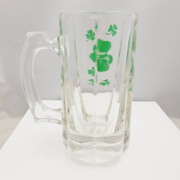 Small Clear Glass Stein Mug Green Printed Shamrocks St Patricks Day - Picture 3 of 6